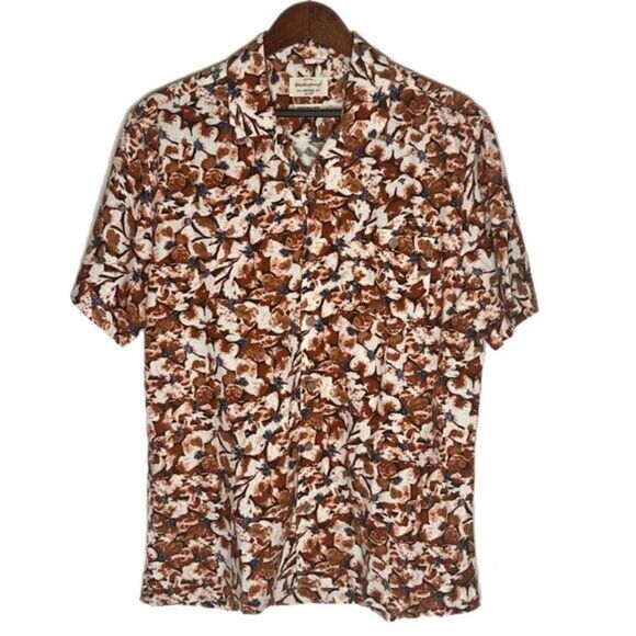 Weatherproof Vintage Men's Brown Floral Print Washable Linen Button Down Shirt - Picture 1 of 7